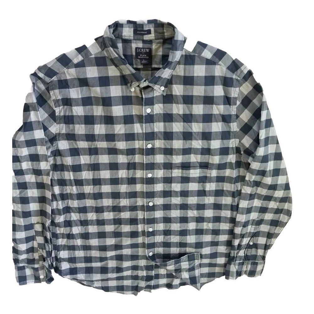J.CREW Men's Large Classic Flex Washed Fit Long sleeved Buttons Plaid Shirt Blue